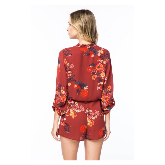 Red Floral Long Sleeve Drawstring Choker Romper - Picture 4 of 7